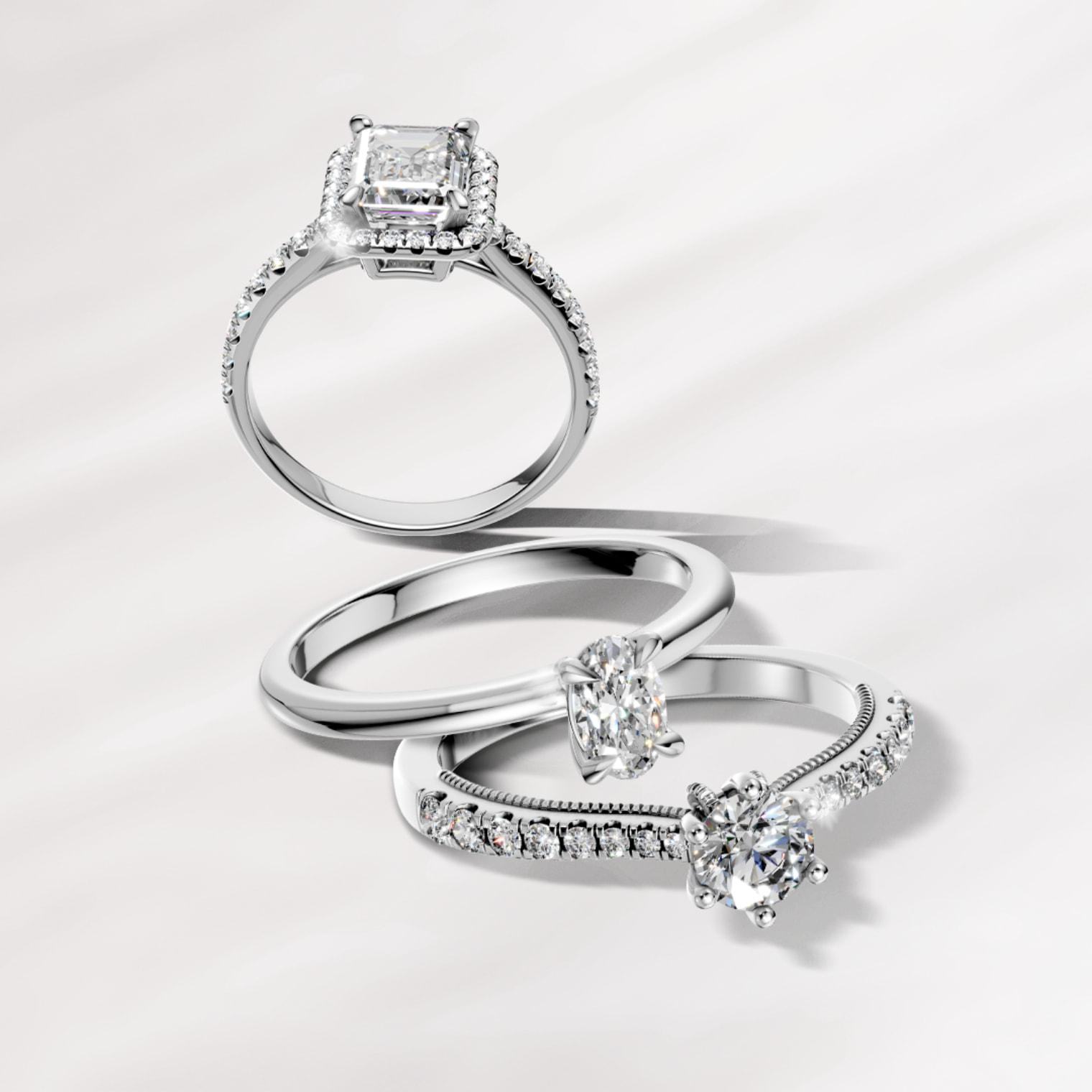 inele de logodna din aur alb 18K, Baguette, si inel de logodna solitaire cu piatra ovala - TEILOR