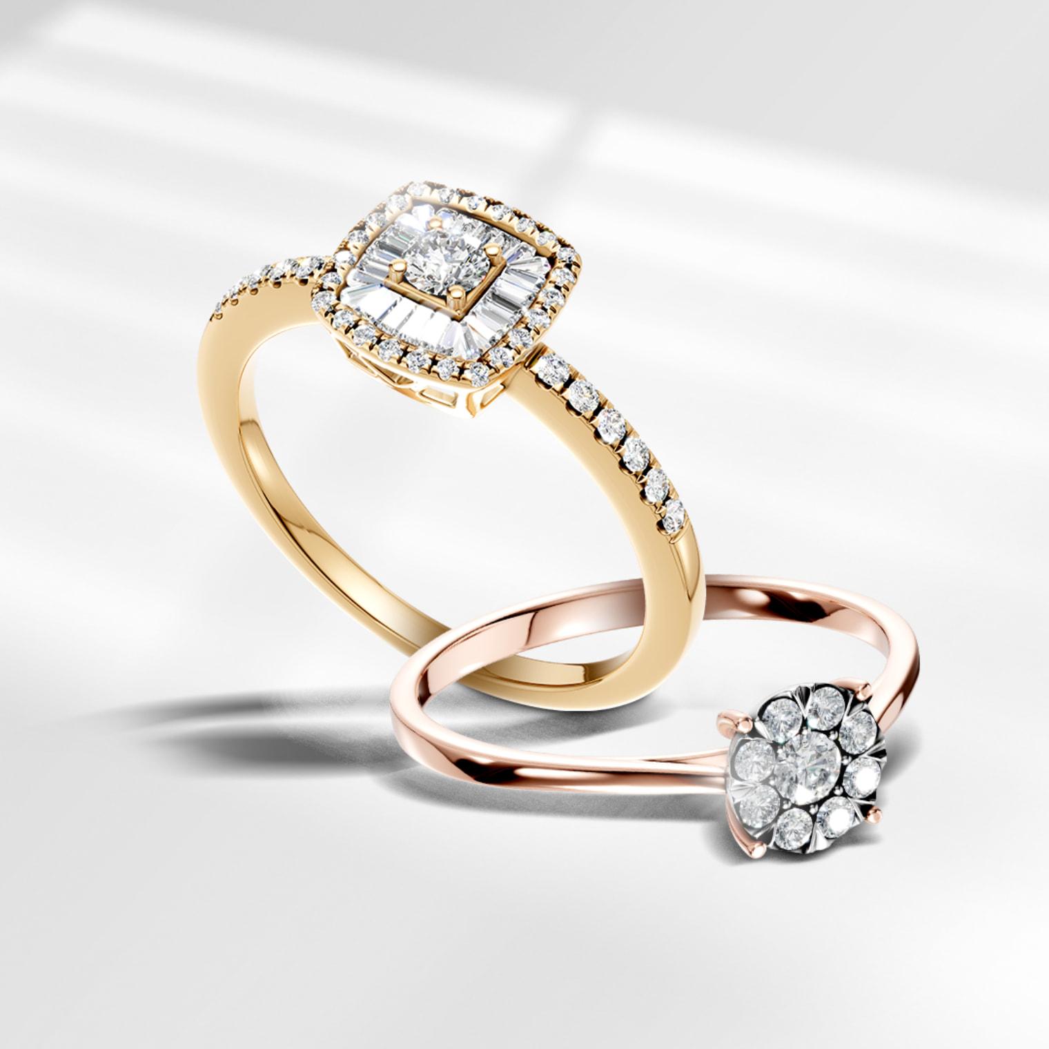 Inel de logodna aur roz 18k cu diamant rotund, si inel de logodna din aur galben 18K cu diamant rotund central - TEILOR