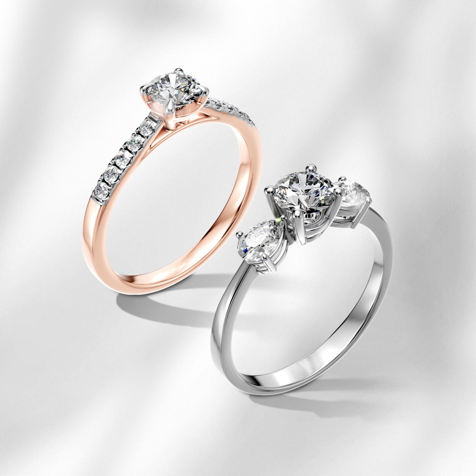 Inel de logodna aur alb 18K cu trei diamante, diamant rotund central si 2 diamante laterale pear, și inel de logodna Pave aur roz 18K cu diamant central rotund - TEILOR